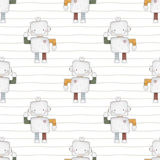 Kinderstoff "Kleiner Roboter" – Niedliche Roboter auf Jersey als Meterware.