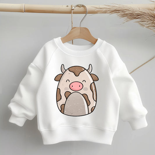 „Mockup eines Kinder-Sweaters: mittig auf der Brust das Bügelbild einer beige-braunen Kuh mit rosa Schnauze; zeigt Größe und Platzierung des Motivs.“