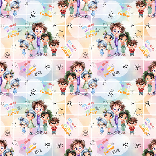 Farbenfroher Kinderstoff als Meterware mit fünf verschiedenen Charakteren. In den Zwischenräumen befinden sich Smileys und andere Symbole. Außerdem steht in den Zwischenräumen "It's okay o feel all this Feelings!". Der Hintergrund ist bunt in regenbogenfarben mit Farbverlauf und einem weißen Grid.