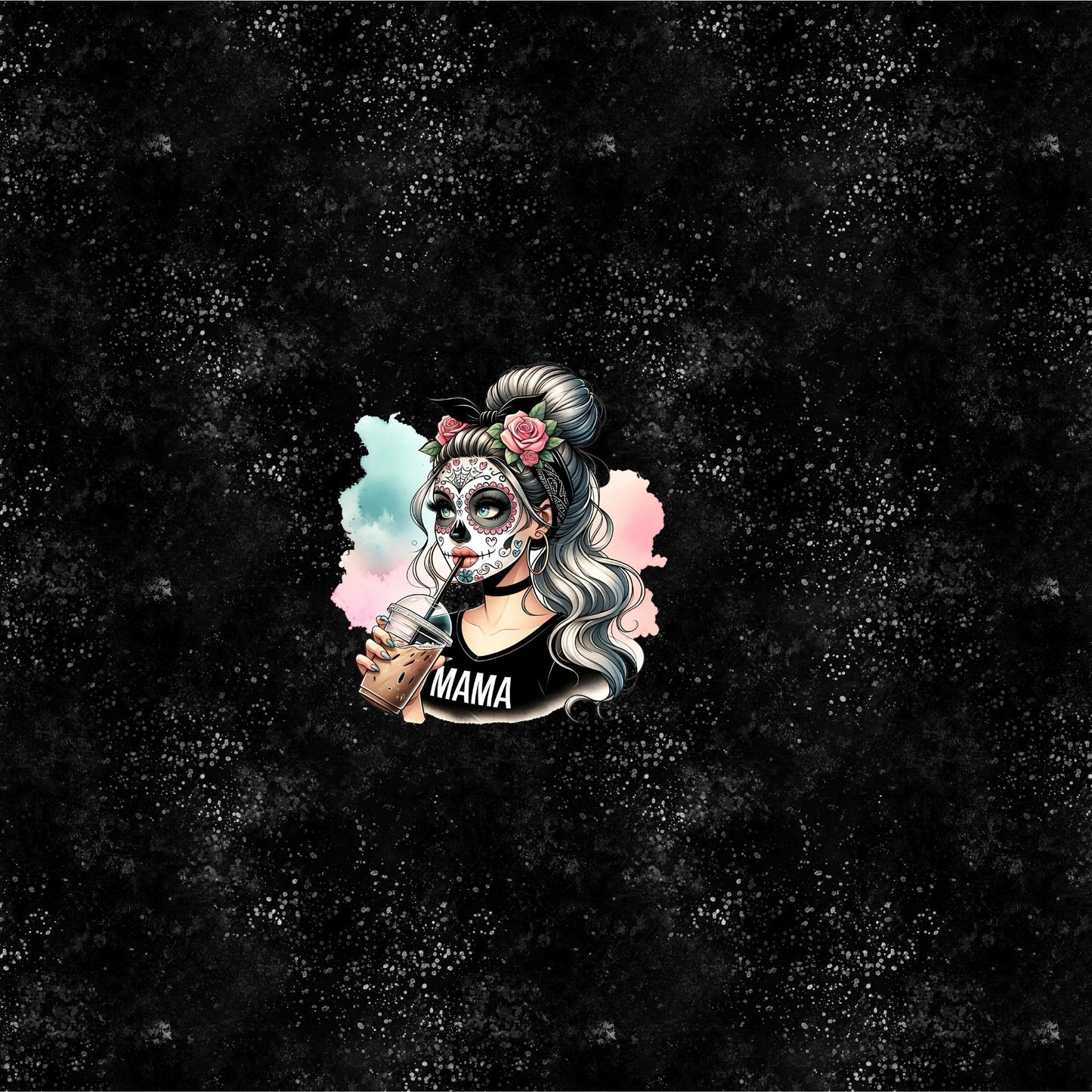 Detailansicht des La Catrina MAMA Panels – Sugar Skull Frau mit Iced Coffee und Rosen.