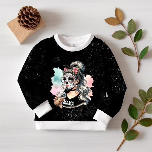 Hoodie mit La Catrina MAMA Panel – Sugar Skull Frau im Gothic-Stil mit Blumen.