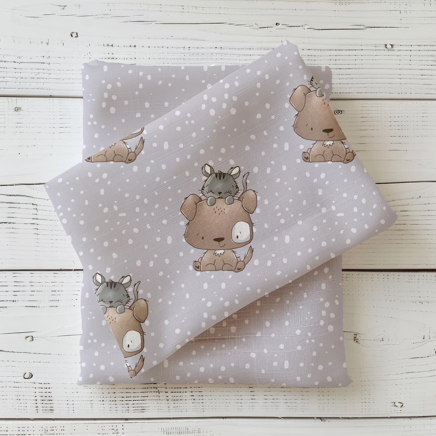 Kinderstoff Little Memories mit süßem Hund und Kätzchen – perfekt für Baby- & Kinderkleidung aus Jersey oder French Terry.