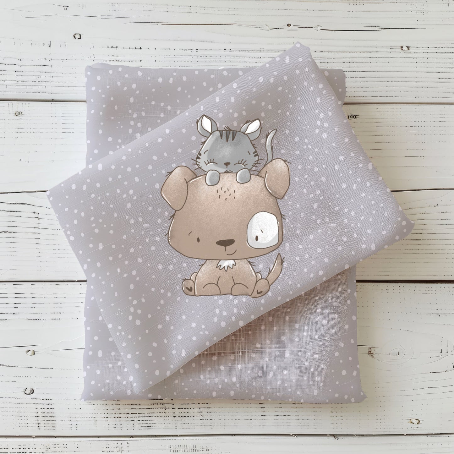 Stoffpanel „Little Memories“ mit niedlichem Hund und Katze auf grauem Hintergrund – perfekt für Kinderkleidung.