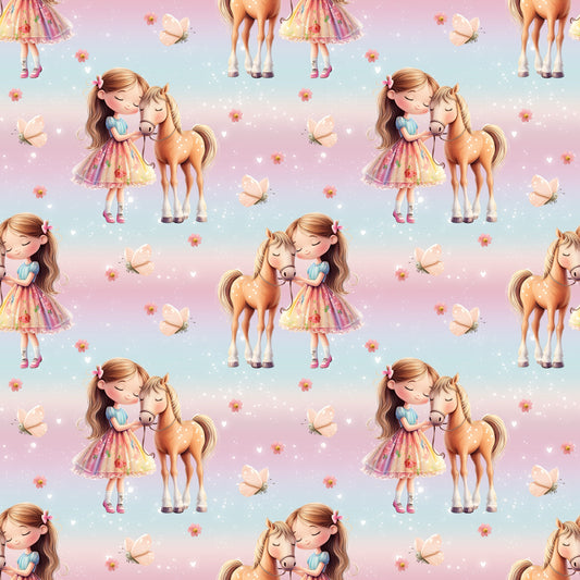 Romantischer Stoff mit Pferdemotiv – Mädchen mit Pferd auf hochwertigem Jersey & French Terry.