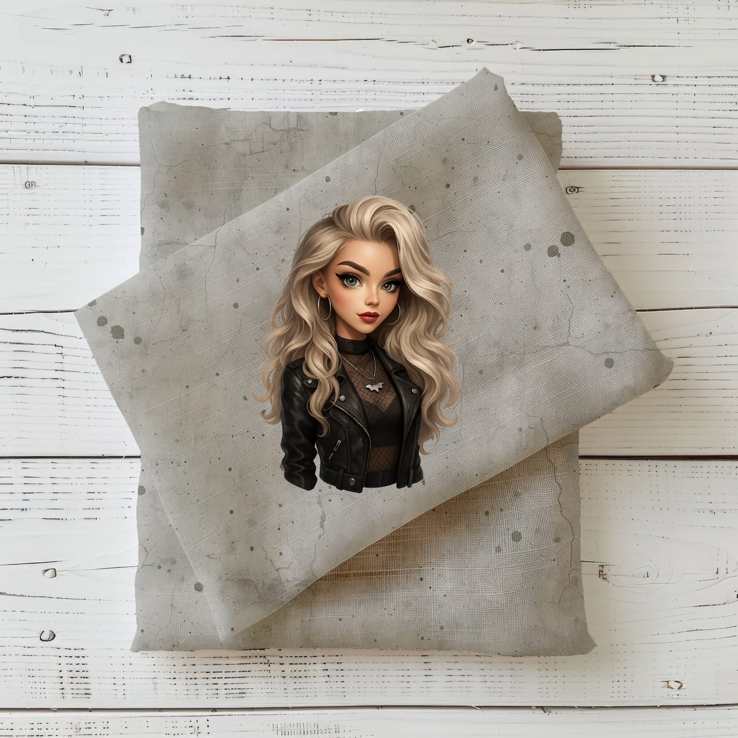 Stoffpanel „Gothic Glamour“ gefaltet – mit Gothic-Lady-Motiv auf grauem Kombistoff.