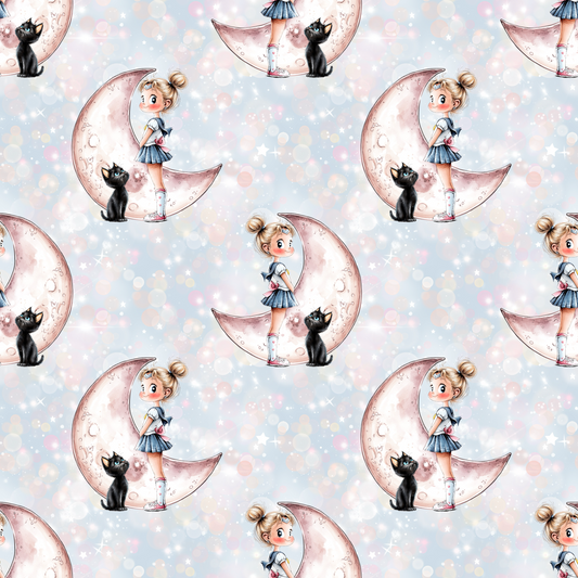 Süßer Kinderstoff mit einem Mädchen mit blonden Haaren im Dutt in einem weiß-blauen Kleid, hohen Socken und Turnschuhen mit einer schwarzen Katze daneben. Beide stehen vor einem Mond. Der Hintergrund ist in einem hellen Blau mit Glimmereffekt.