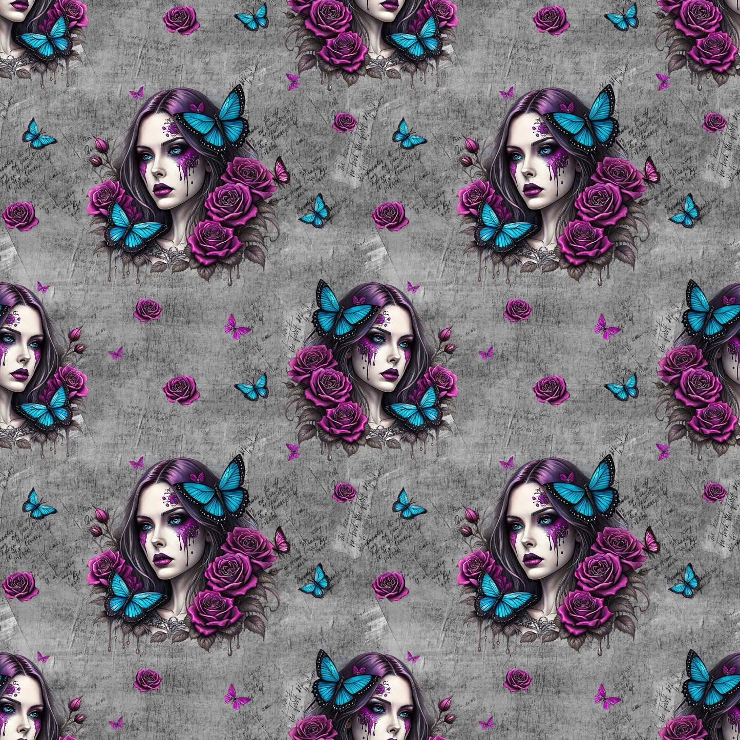 Mystic Roses Stoffdesign – Frau mit Schmetterlingen und Rosen auf Grau.