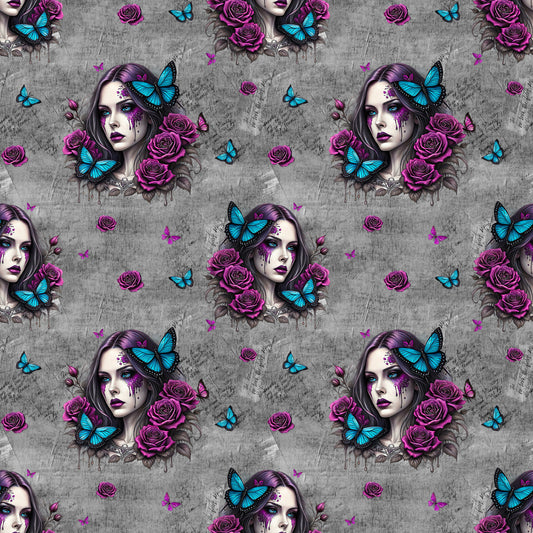 Mystic Roses Stoffdesign – Frau mit Schmetterlingen und Rosen auf Grau.