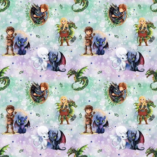 Nachtschattenliebe Stoff – Gesamtansicht mit Drachen, Kindern und Sternenhimmel.