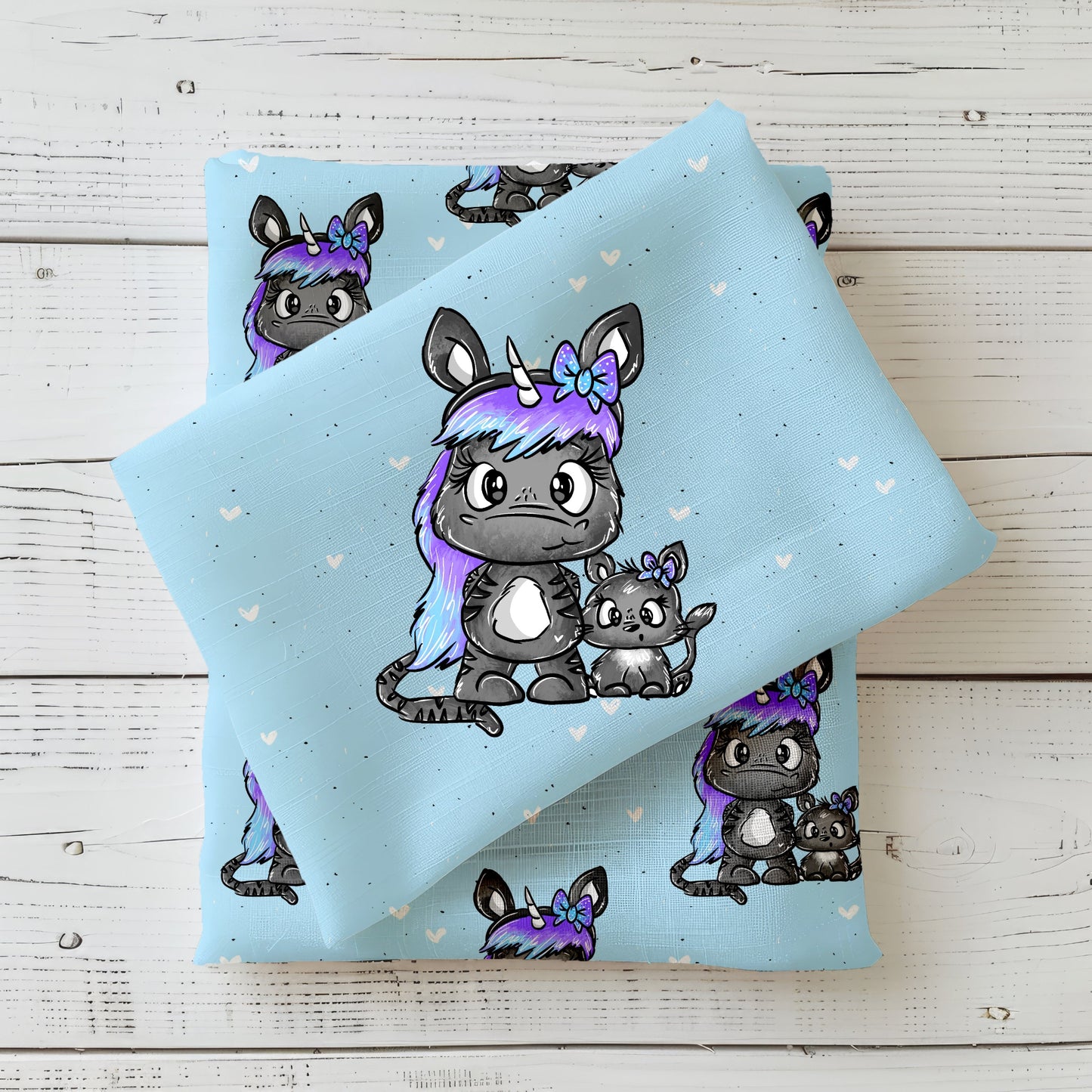 Einhorn-Katzen-Motiv auf weichem Jersey oder French Terry – Ideal für Shirts, Hoodies & Kleider.