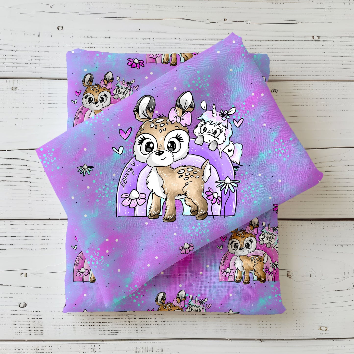 Stoffpanel „Over the Rainbow“ mit Rehkitz, Einhorn & Kombistoff.
