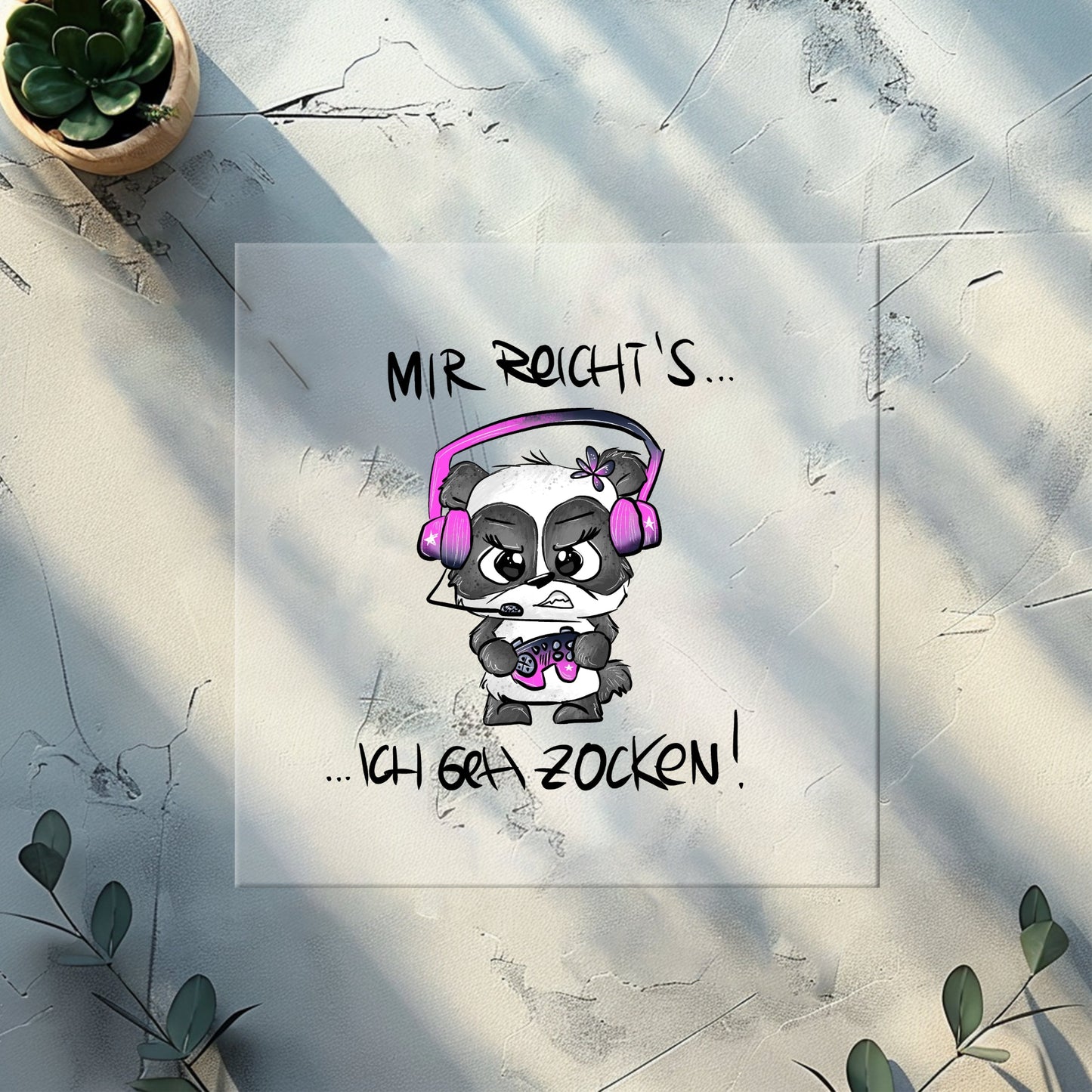 Stylisches Aufbügler-Motiv „Zockerpandi“ mit Headset, Controller & Gamer-Spruch.