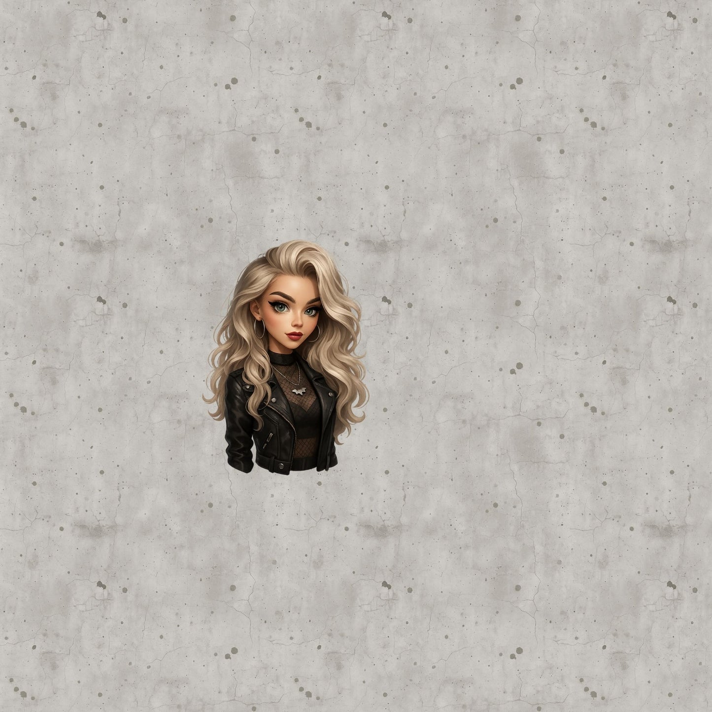 Detailansicht des Stoffpanels „Gothic Glamour“ – Fokus auf Gothic-Lady mit Lederjacke und welligem Haar.
