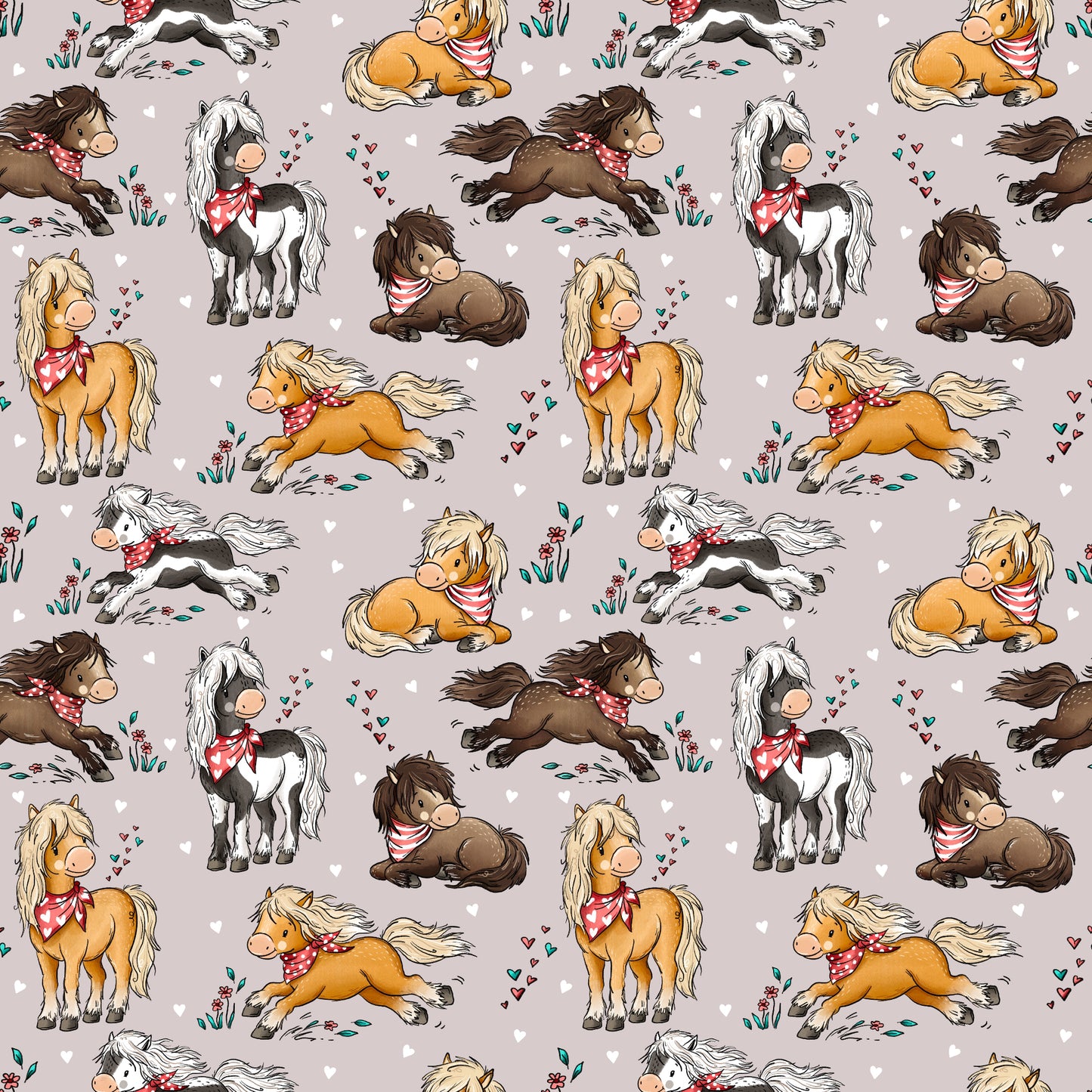 Pferdehorde Taupe von Katzengold-Designs mit niedlichen Pferden und roten Halstüchern – Reaktivdruck