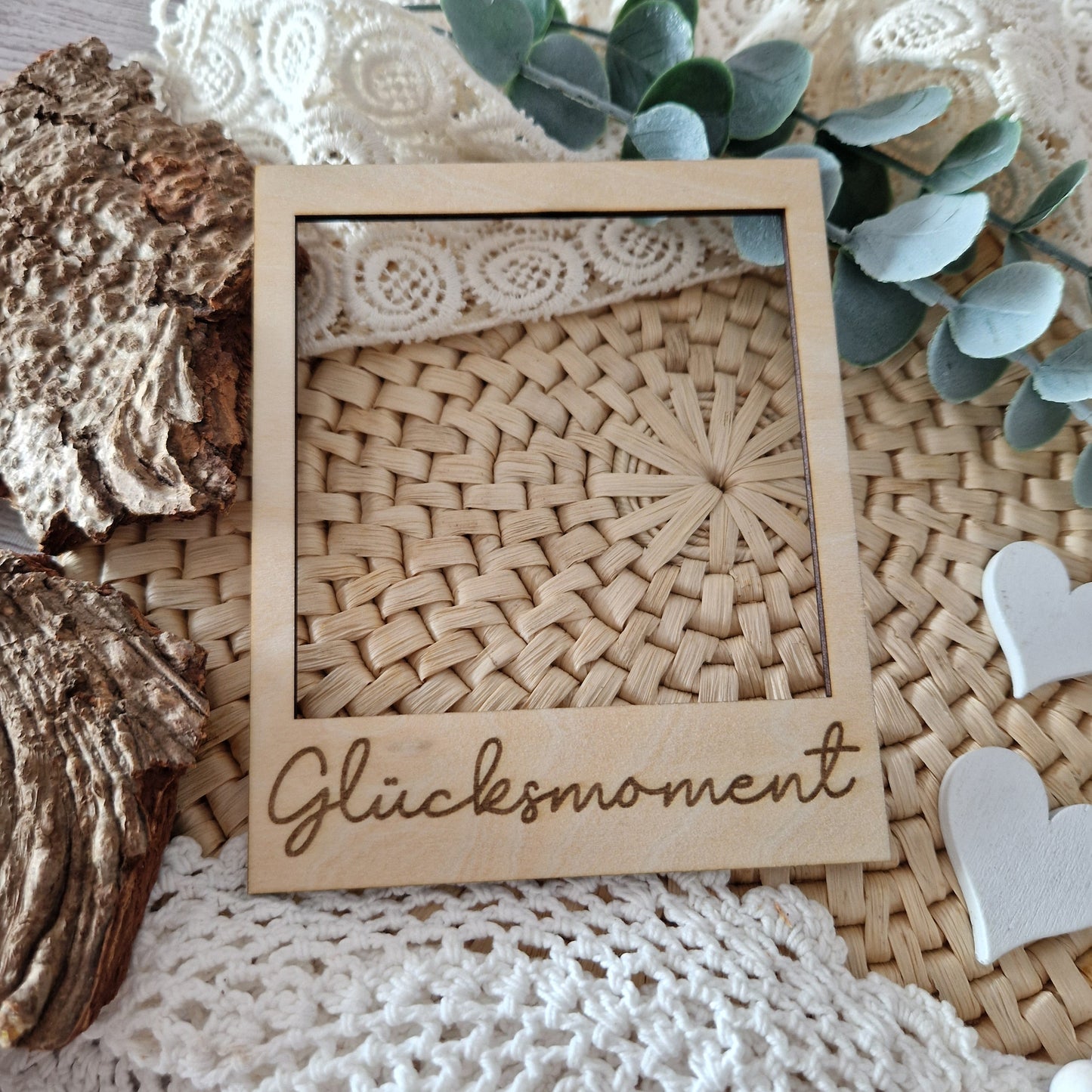 Polaroidrahmen aus Holz „Glücksmoment“ – dekoratives Fotoaccessoire für Flatlays, Babyfotos & handgemachte Highlights.