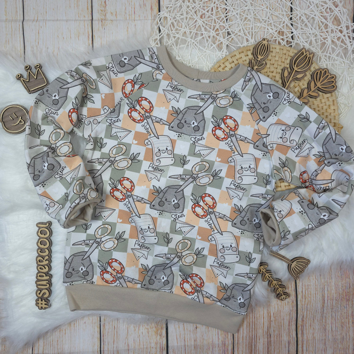 Kinder Pullover Größe 116 Schere Stein Papier Design French Terry handgemacht