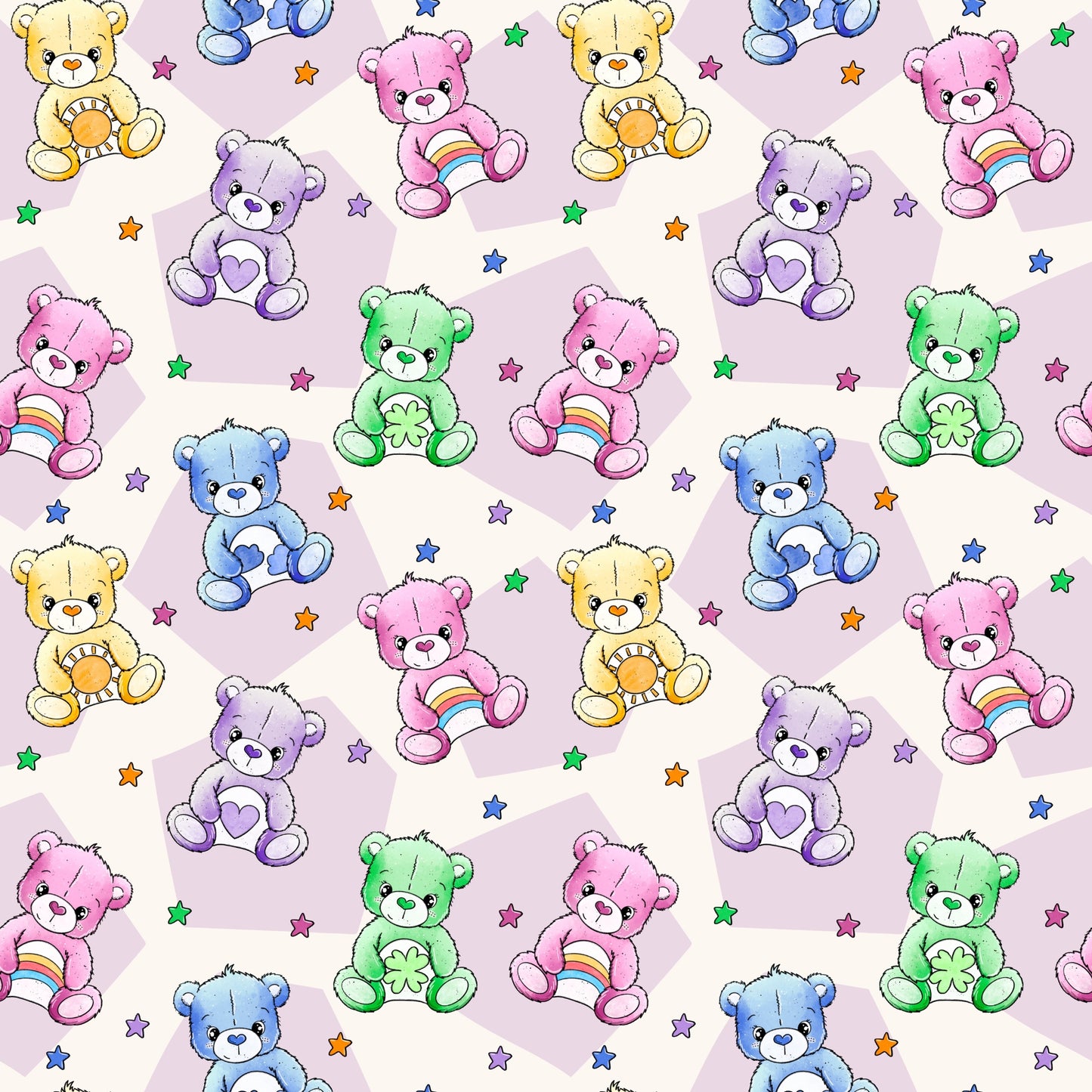 Bunter Bärchenstoff voller Liebe: Niedliche Teddys mit Symbolen wie Herz, Regenbogen & Sonne – ideal für kreative Kinderkleidung und Babygeschenke.