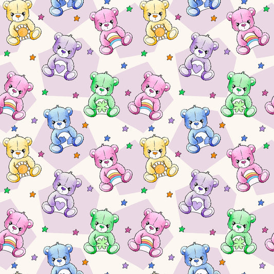 Bunter Bärchenstoff voller Liebe: Niedliche Teddys mit Symbolen wie Herz, Regenbogen & Sonne – ideal für kreative Kinderkleidung und Babygeschenke.