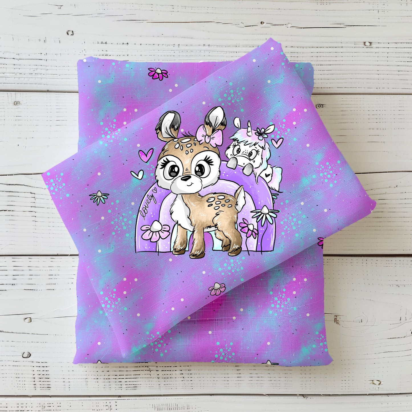 Stoffpanel „Over the Rainbow“ mit Rehkitz, Einhorn & Kombistoff.