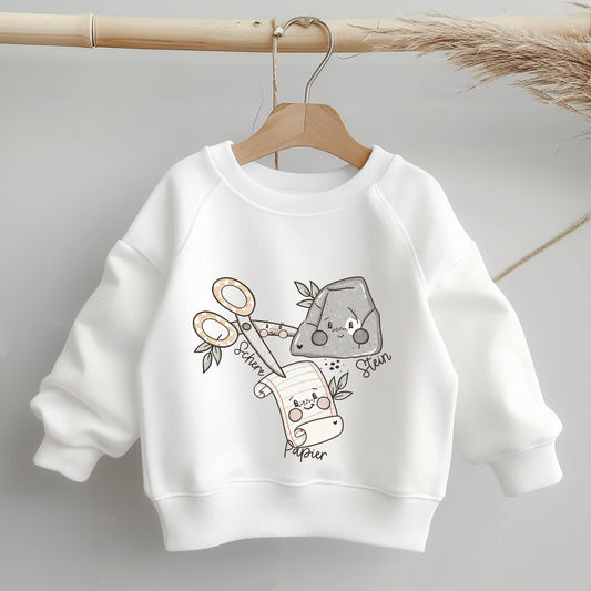 Weißer Kinderpullover mit Bügelbild Schere, Stein, Papier – kreatives DIY Design