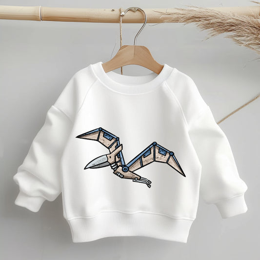 „Mockup eines Kinder-Sweaters: mittig auf der Brust das Bügelbild eines mechanischen Flugsauriers; zeigt Größe und Platzierung des Motivs auf der Kleidung.“