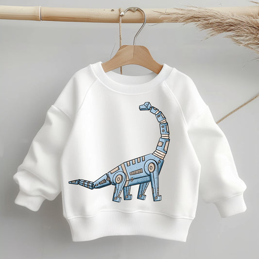 „Mockup eines Kinder-Sweaters: mittig auf der Brust das Bügelbild eines blauen Robo-Langhalses; zeigt Größe und Platzierung des Motivs auf der Kleidung.“