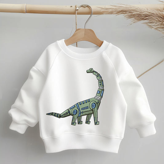 „Mockup eines Kinder-Sweaters: mittig auf der Brust das Bügelbild eines mechanischen Langhals-Dinosauriers; zeigt Größe und Platzierung des Motivs auf der Kleidung.“