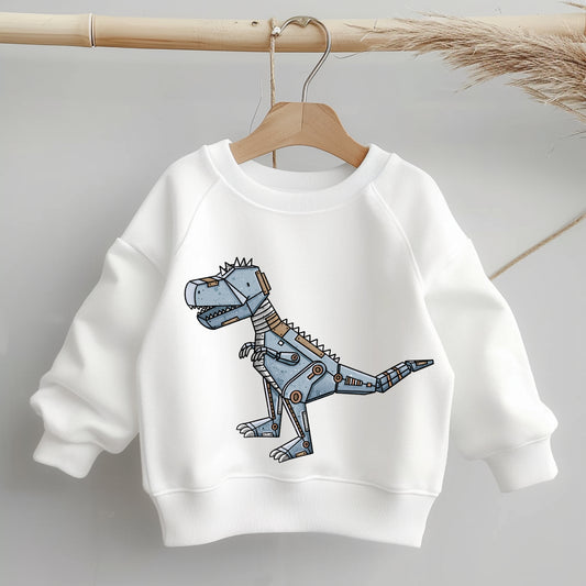 „Mockup eines Kinder-Sweaters: mittig auf der Brust das Bügelbild eines blauen Robo-T-Rex; zeigt Größe und Platzierung des Motivs auf der Kleidung.“