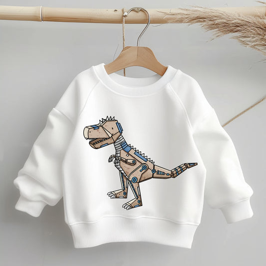 „Mockup eines Kinder-Sweaters: mittig auf der Brust das Bügelbild eines Robo-T-Rex mit Metallplatten und blauen Akzenten; zeigt Größe und Platzierung des Motivs.“