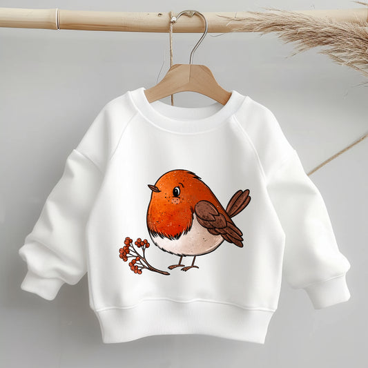 „Kinder-Sweater mit mittig platziertem Rotkehlchen-Bügelbild (Vogel mit orangefarbener Brust); Motivgröße und Position auf dem Kleidungsstück gut erkennbar.“