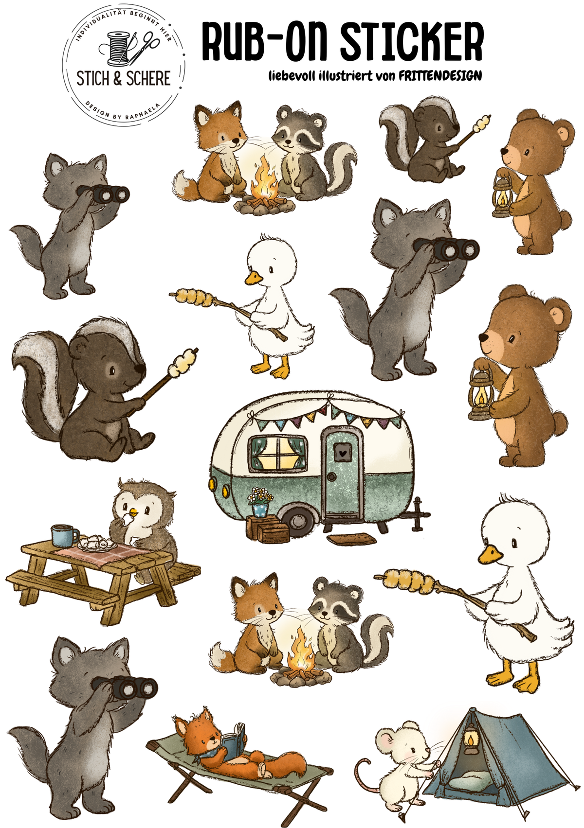Campingfreunde Rub-On Sticker DIN A5 von FRITTENDESIGN mit Waldtieren beim Camping, Wohnwagen, Lagerfeuer, Zelt und Picknickbank