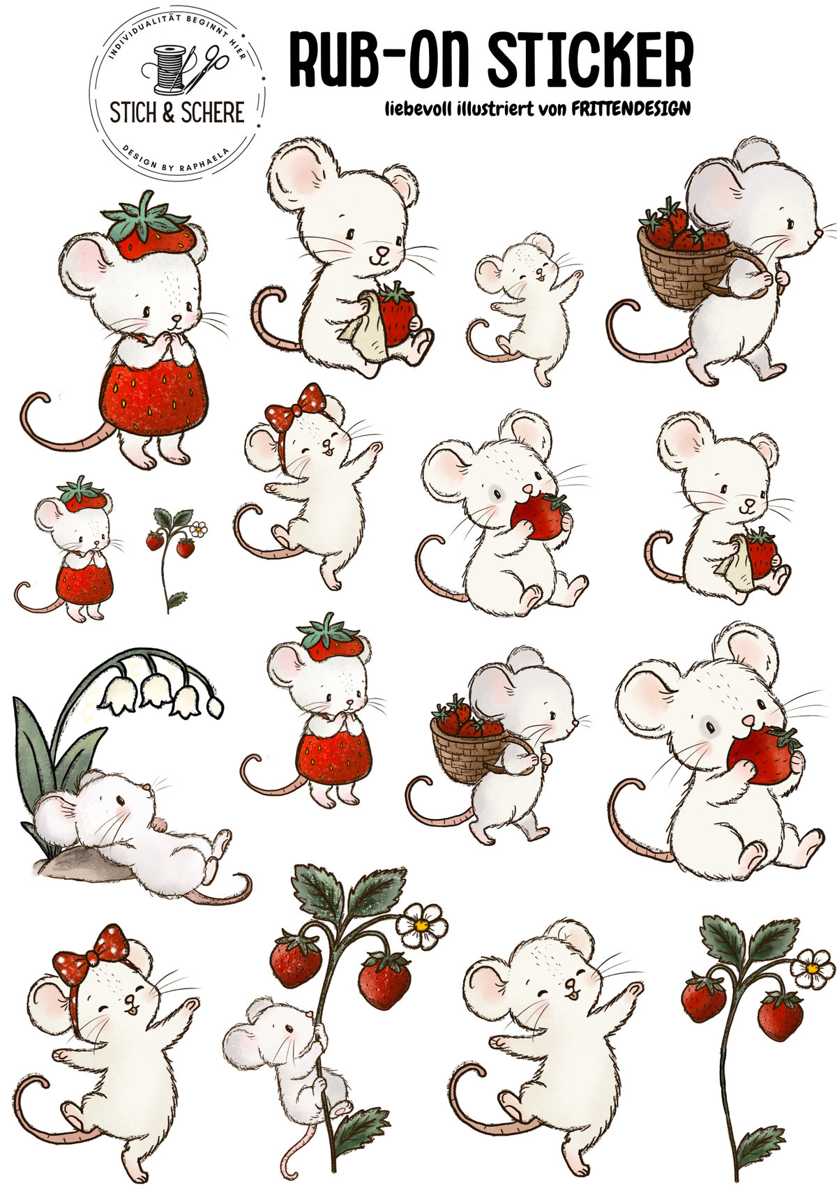 Erdbeermäuse Rub-On Sticker DIN A5 von FRITTENDESIGN mit süßen Mäusen, Erdbeeren, Erdbeerpflanzen und Erdbeerkörbchen