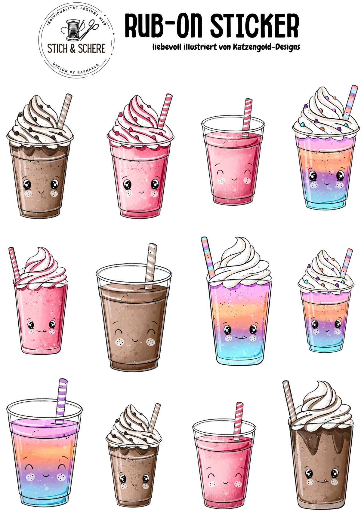 Milchshake Rub-On Sticker DIN A5 mit süßen Milchshakes und Drinks in Rosa, Schoko und Regenbogenfarben von Katzengold-Designs