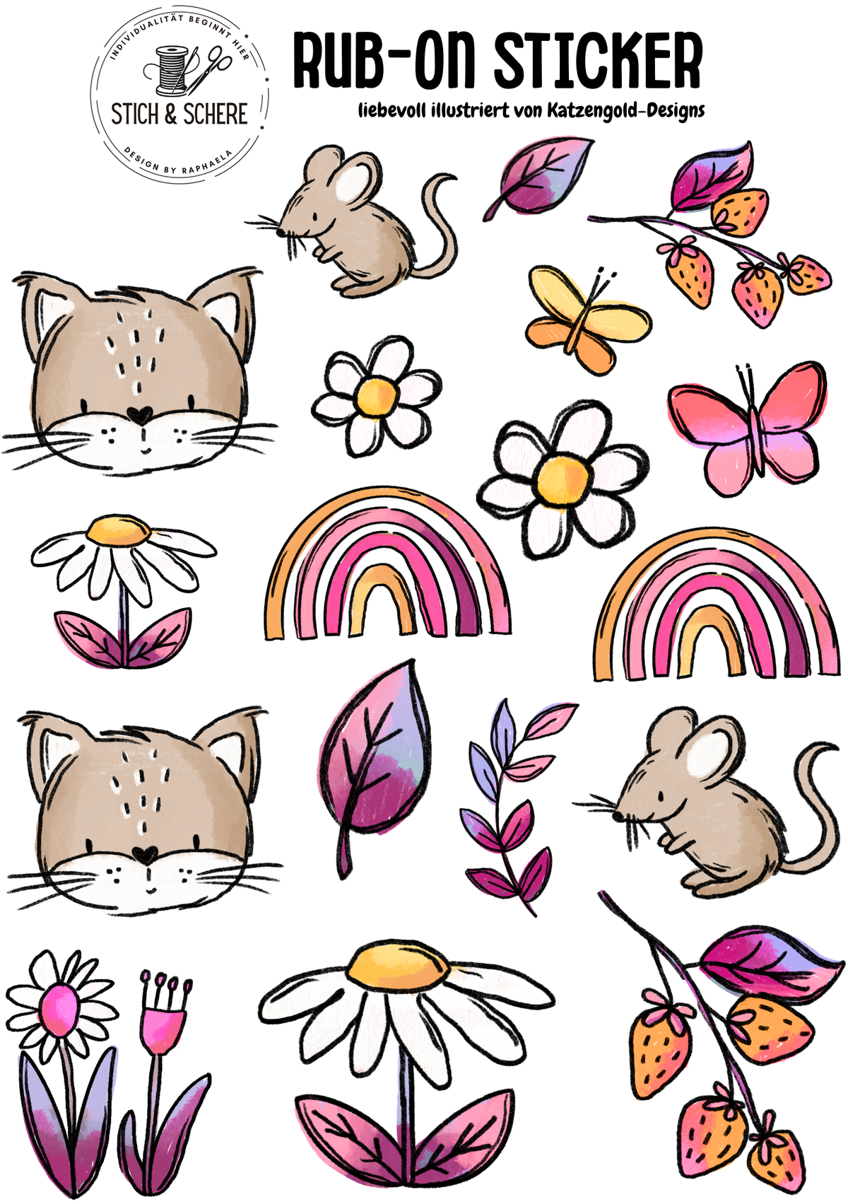 Summer Parts Rub-On Sticker DIN A5 mit Katze, Mäuschen, Regenbögen, Erdbeeren, Schmetterlingen, Blumen und Blättern von Katzengold-Designs