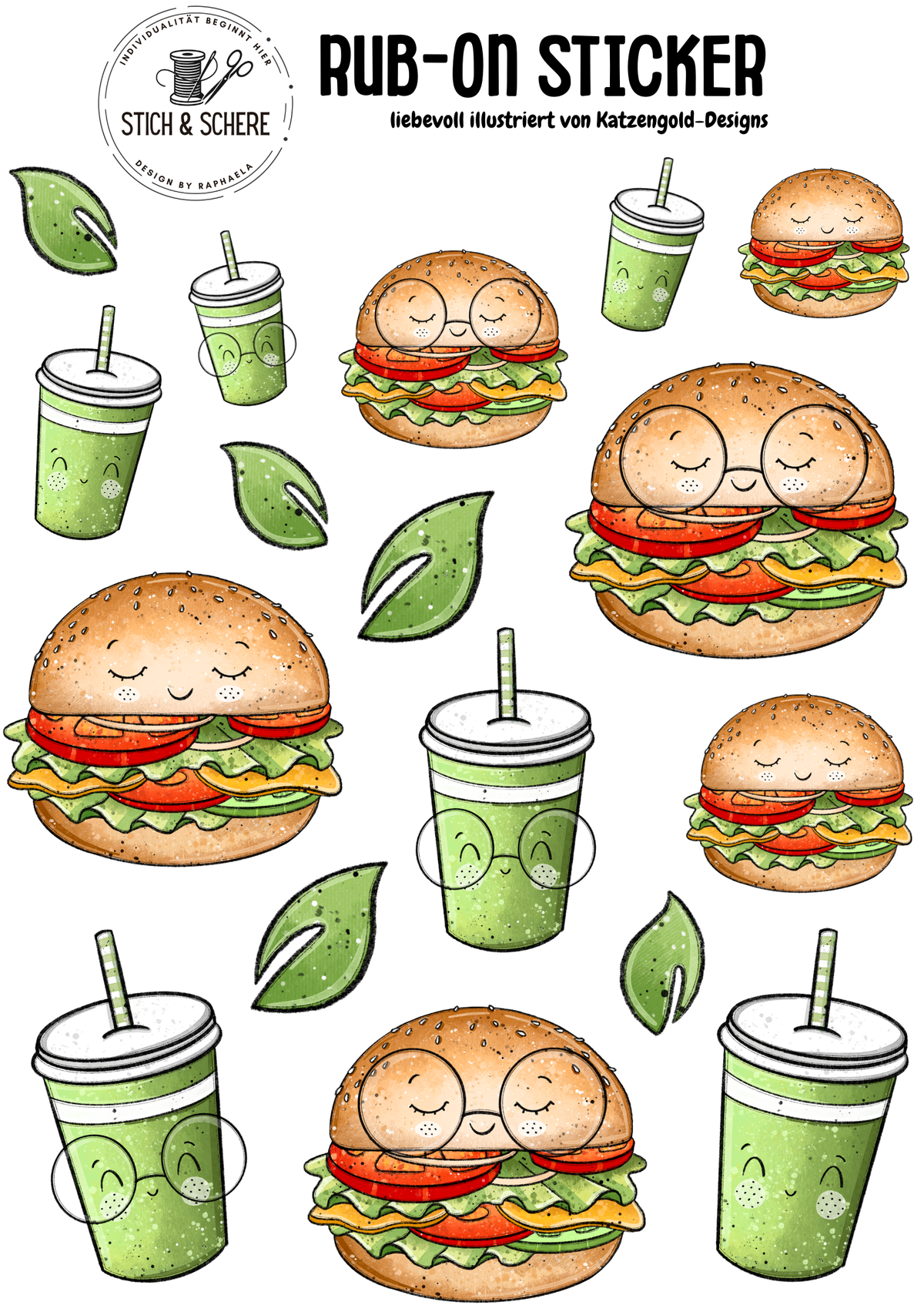 Veggie Burger Rub-On Sticker DIN A5 mit niedlichen Burgern, grünen Getränkebechern und Blättern von Katzengold-Designs