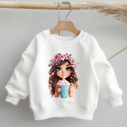 Mädchen mit Blumenkranz und Smoothie als Bügelbild – fröhliches Design für Kinderkleidung.
