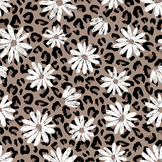 Hochwertiger Stoff mit Leo- und Gänseblümchen-Print – ideal für Nähprojekte.