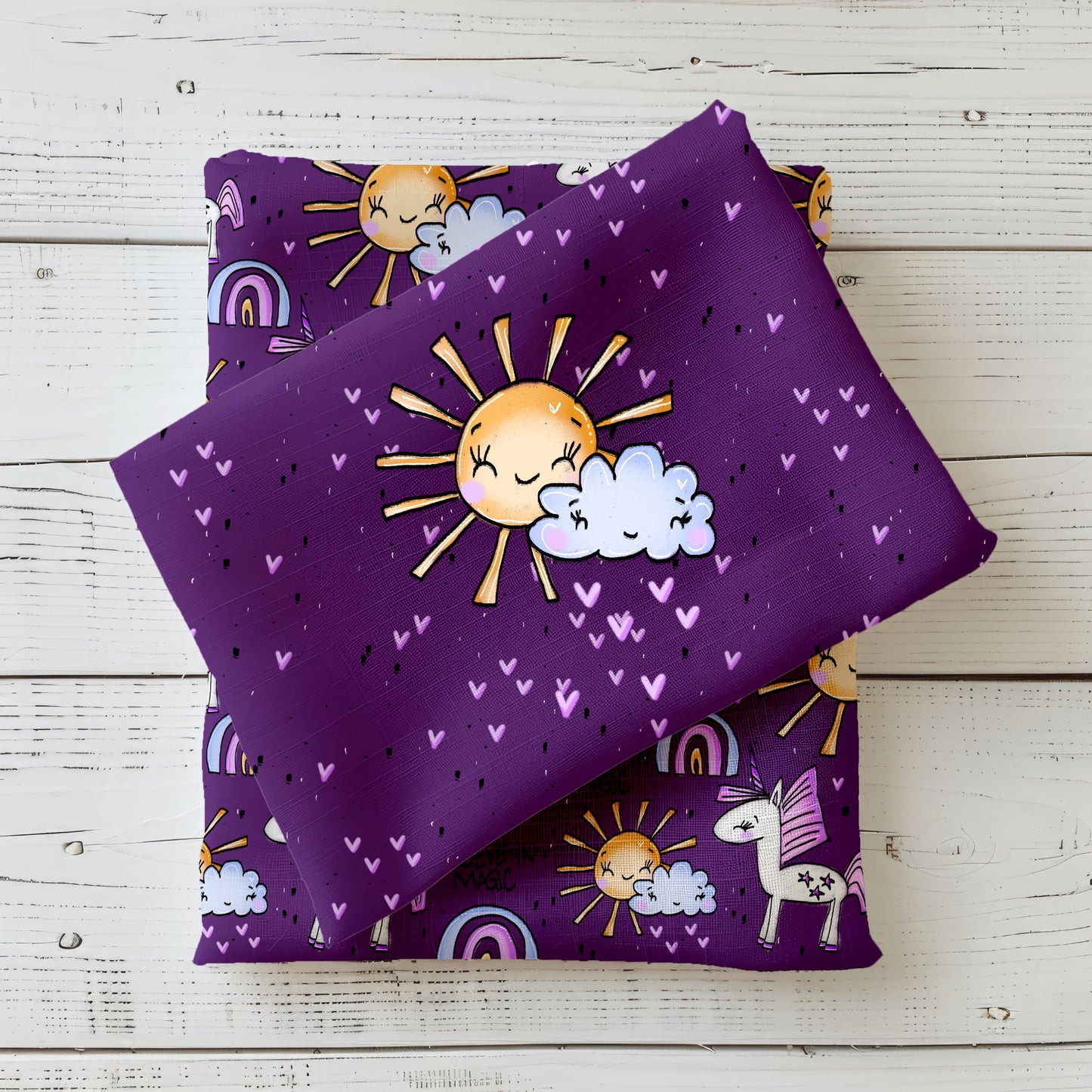 Sonnen-Panel „Believe in Magic“ mit Einhorn-Muster für Kinderkleidung.