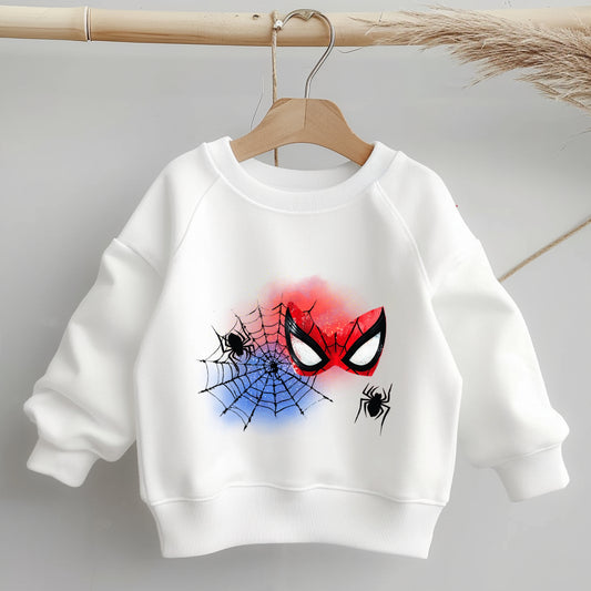 Bügelbild Spidermask auf Kinderpullover – Maske, Spinnennetz und Spinne als DIY-Motiv.