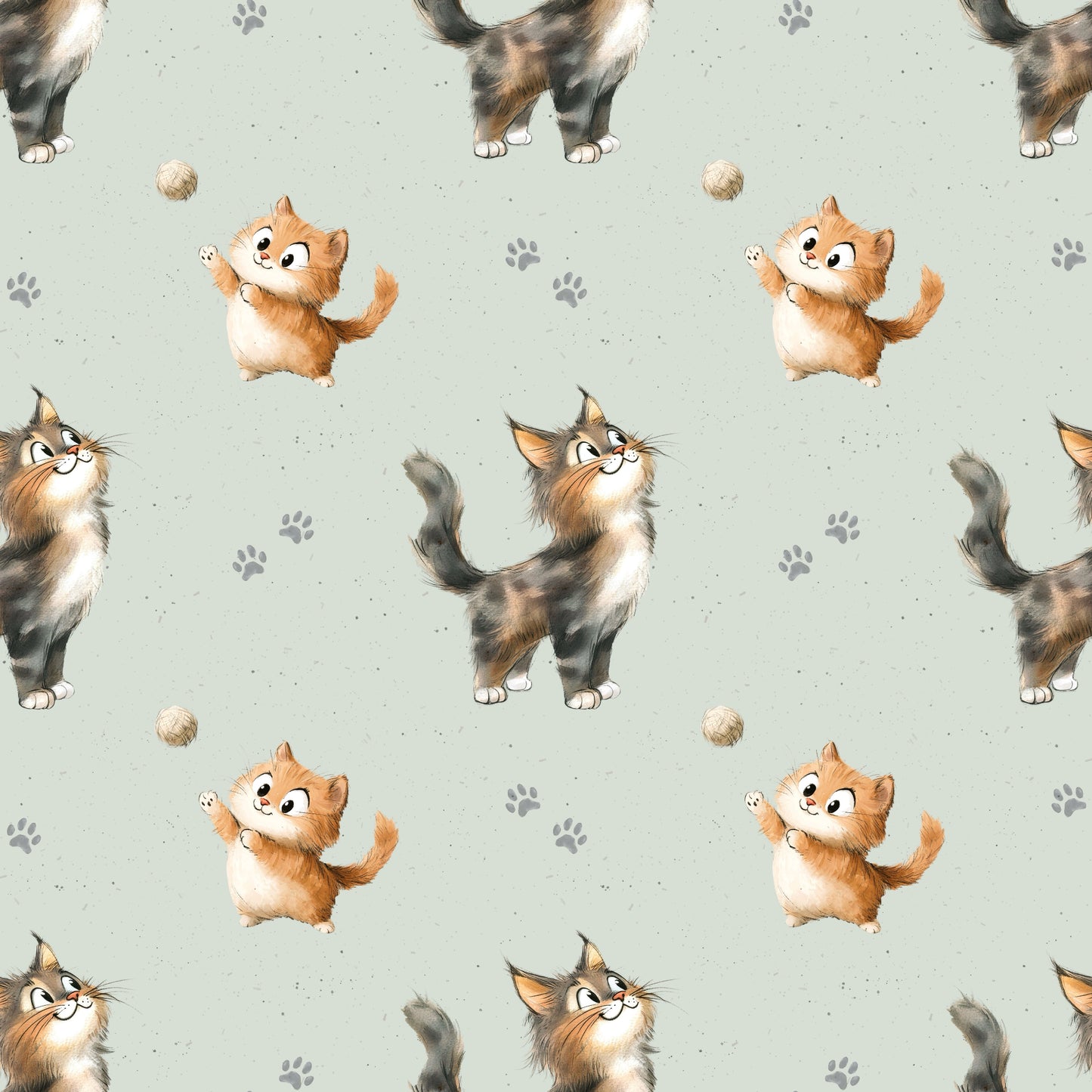 Stoff mit verspieltem Kätzchen-Design auf hellgrünem Hintergrund.