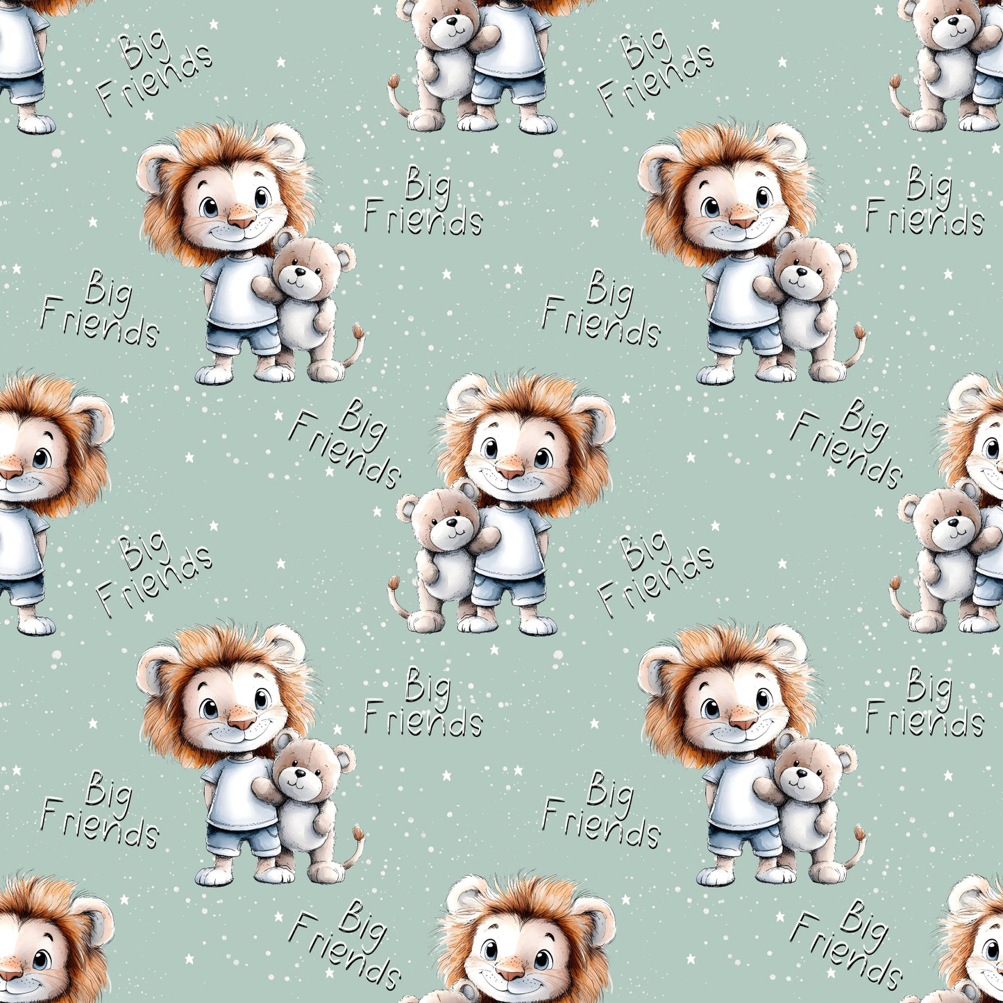 Stoff „Big Friends“ mit Löwenmotiv und Teddybär auf mintgrünem Hintergrund. Perfekter Kinderstoff.