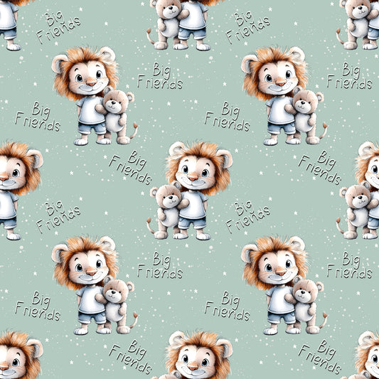 Stoff „Big Friends“ mit Löwenmotiv und Teddybär auf mintgrünem Hintergrund. Perfekter Kinderstoff.