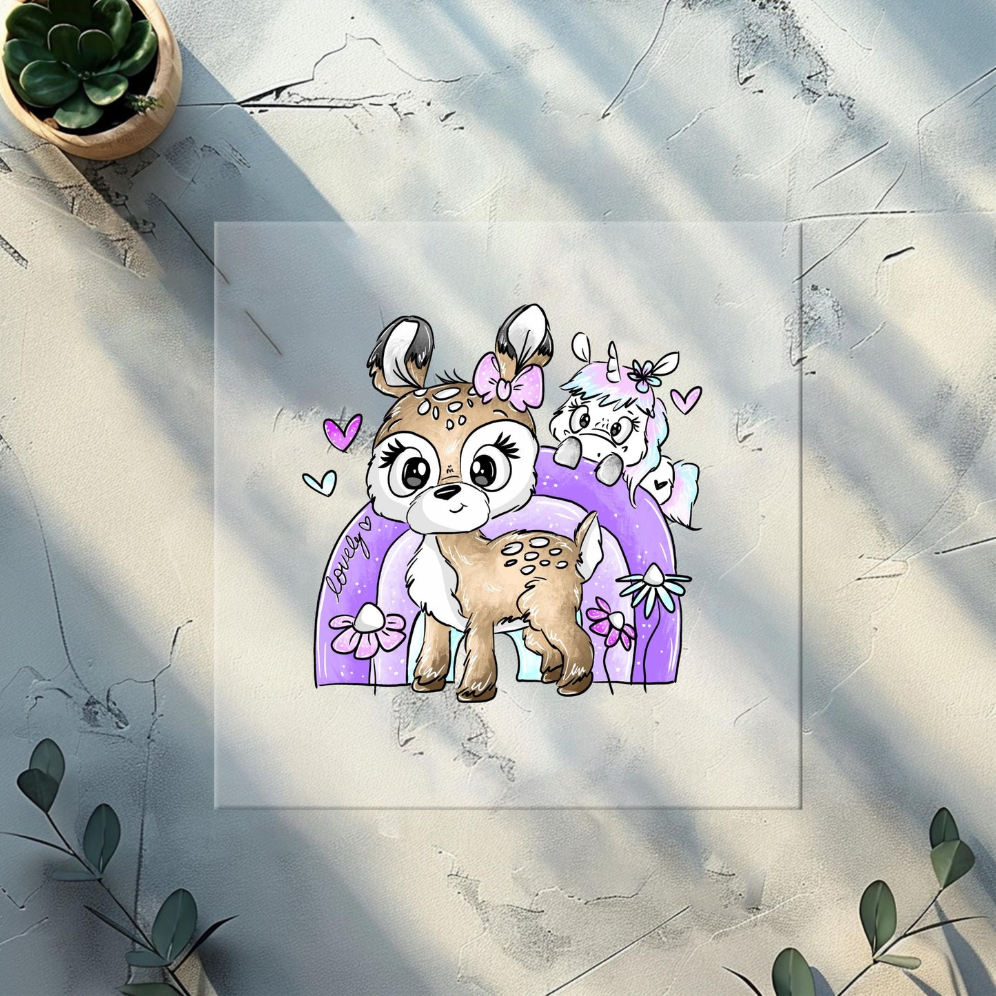 Niedliches Reh & Einhorn auf Regenbogen – Ideal für DIY-Kinderkleidung.