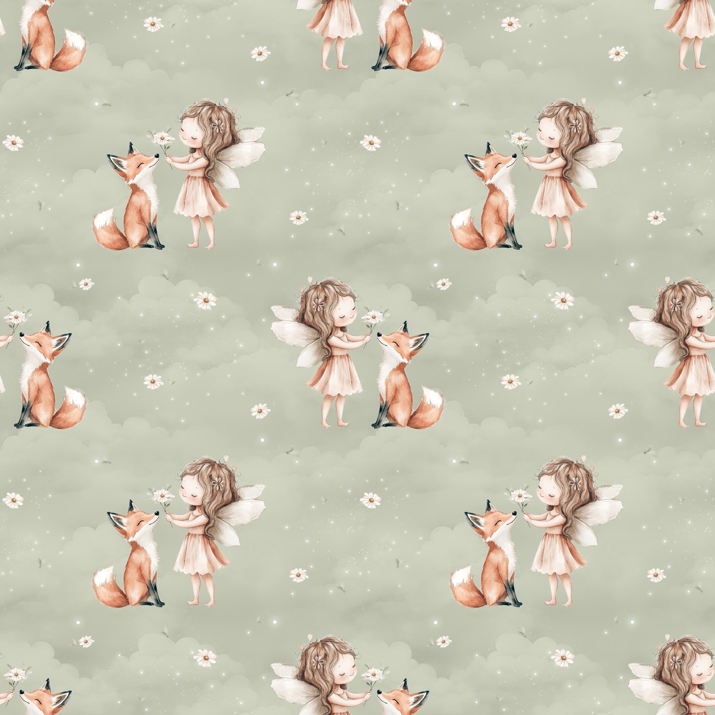 Stoff mit liebevollem Feen- und Fuchsdesign auf grünem Hintergrund.