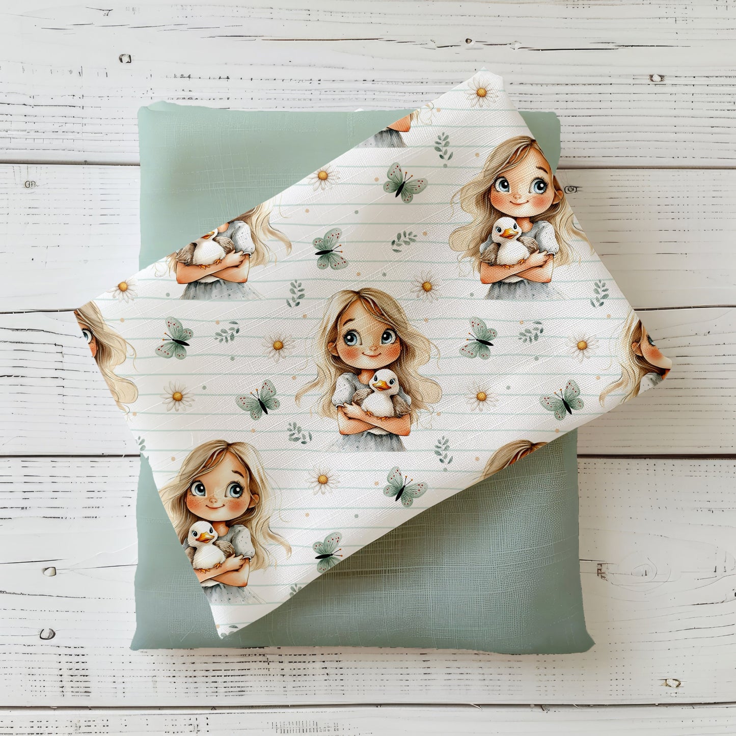 Mockup: Stoff „Entenmädchen“ – Mädchen mit Entchen, Schmetterlinge & Gänseblümchen auf hellen Salbei-Streifen; Stoffkachel diagonal auf passendem Uni platziert.