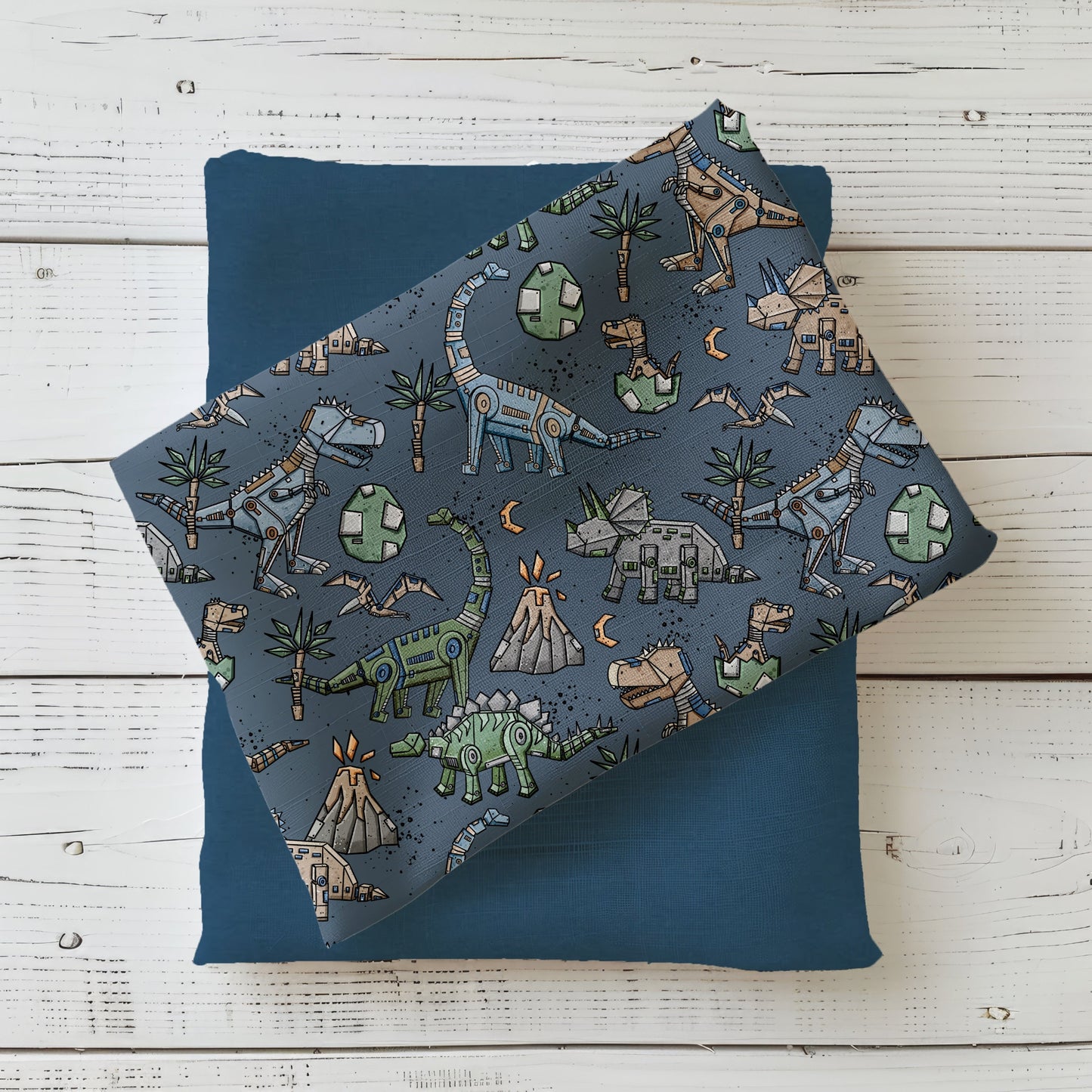 Kinderpullover aus „Robodino“-Stoff – stylischer Mix aus Technik und Dino-Optik für kleine Entdecker.