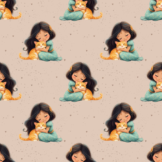 Kinderstoff „Jasmin & Kitti“ – bedruckte Meterware mit Mädchen und orangefarbener Katze. Ideal für DIY Nähprojekte.