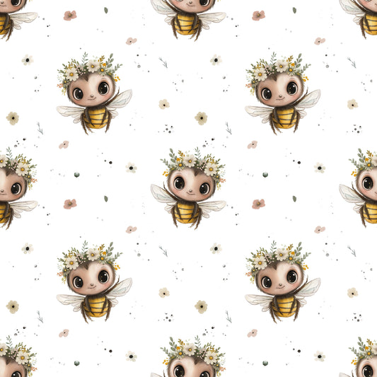 Nahtloses Muster „Kleine Biene“ auf Ripp-Jersey – süße Biene mit Blumenkranz auf Weiß für Baby- & Kinderkleidung