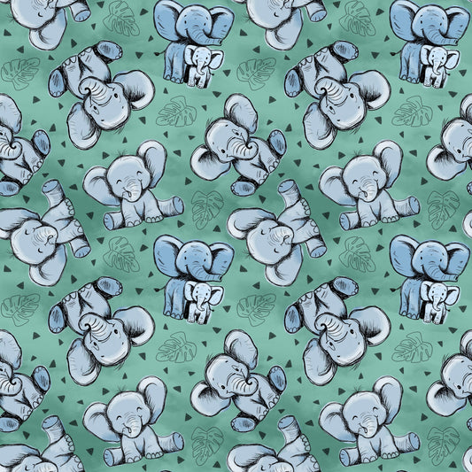 Kinderstoff mit niedlichem Elefantendesign auf grünem Hintergrund – erhältlich als Jersey und French Terry.