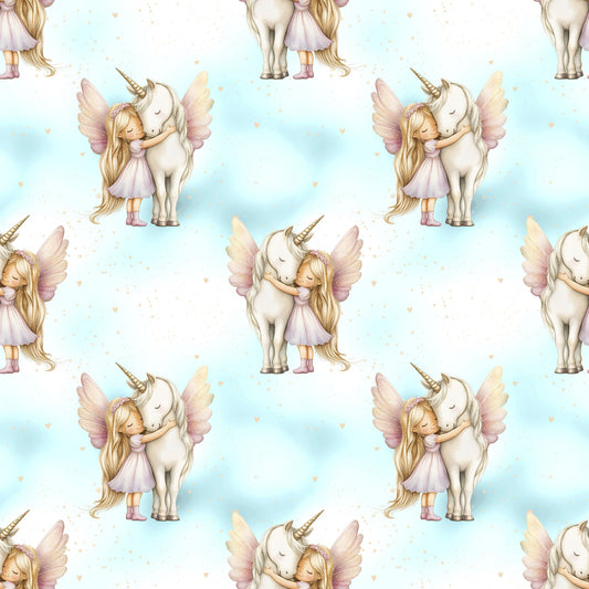 Nahtloses Muster „Magische Umarmung“ auf Ripp-Jersey – Einhorn & Fee in zarten Pastelltönen für Kinderkleidung